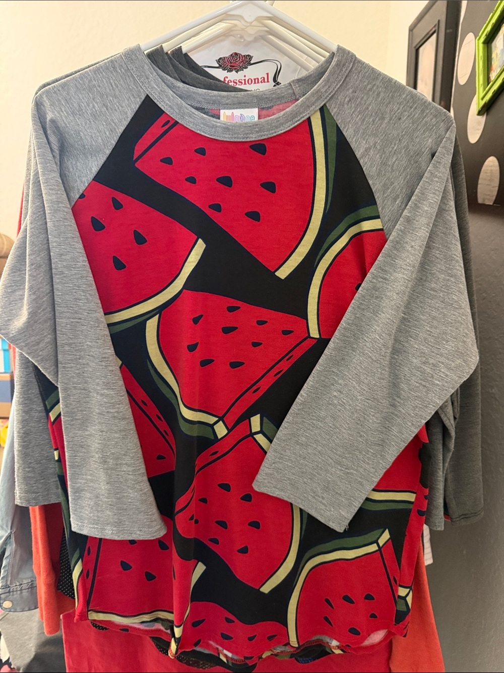 LuLaRoe Randy Red Watermelon Print Long Sleeve Tee with Gray Raglan Sleeves